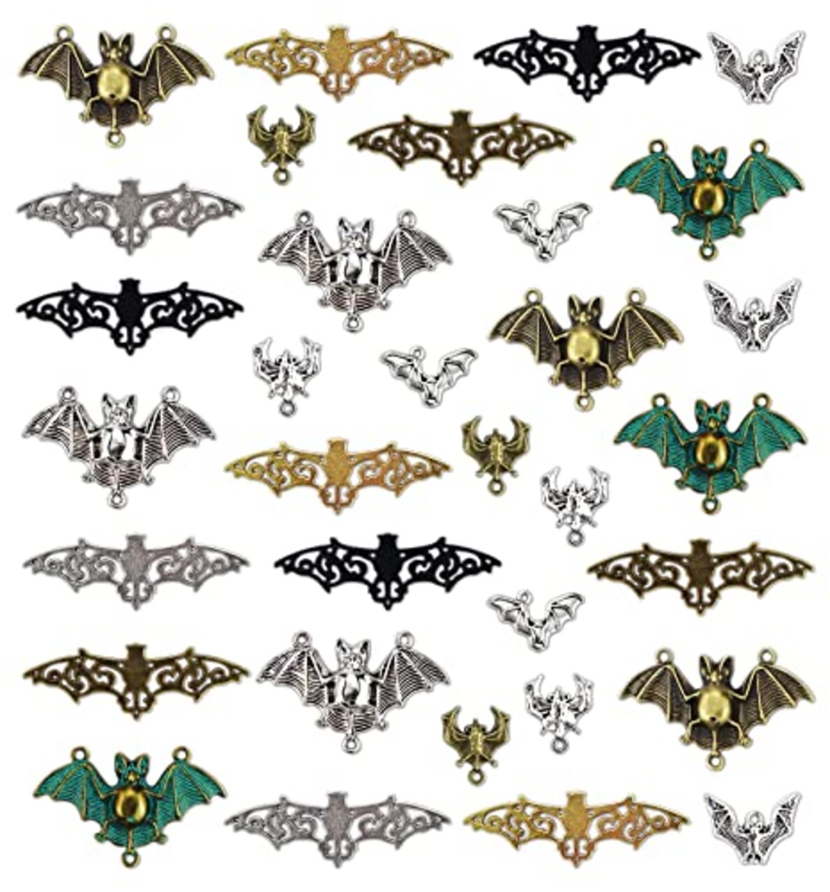 JIALEEY 33PCS Bat Charms Mixed Halloween Spooky Flittermouse Flying Vampire  Bat Connector Charms Pendants DIY for Jewelry Making Crafting